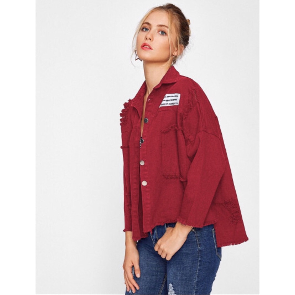 Drop Shoulder Patch Back Distressed Jacket - Picture 2 of 4